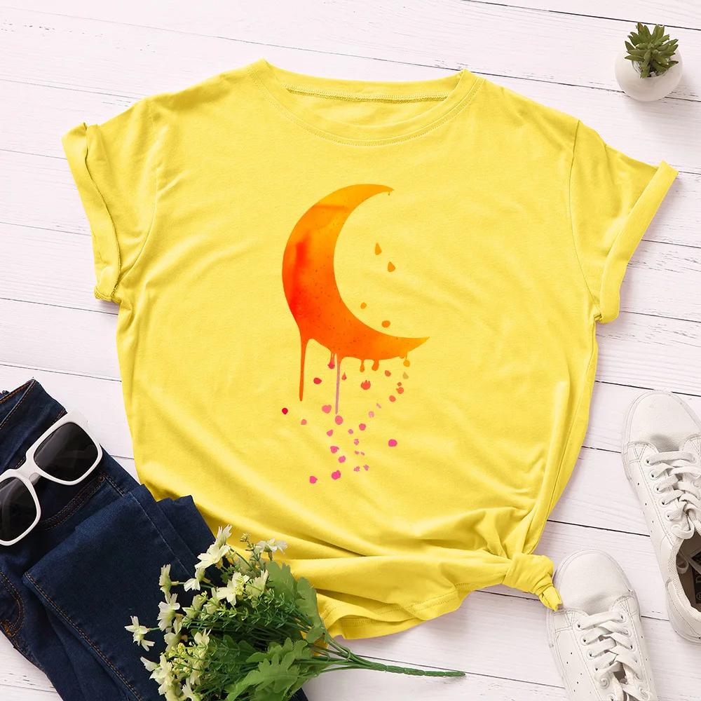 Orange Moon Print T Shirt Women Short Sleeve O Neck Loose Tshirt Summer Women Tee Shirt Tops Camisetas Mujer