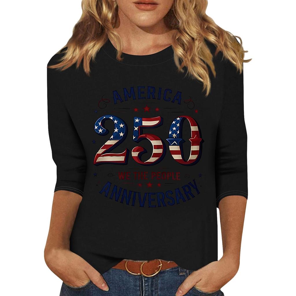 Women's Fashionable Casual Three-Quarter Sleeve 250th Anniversary Independence Day Print Neck Sweater