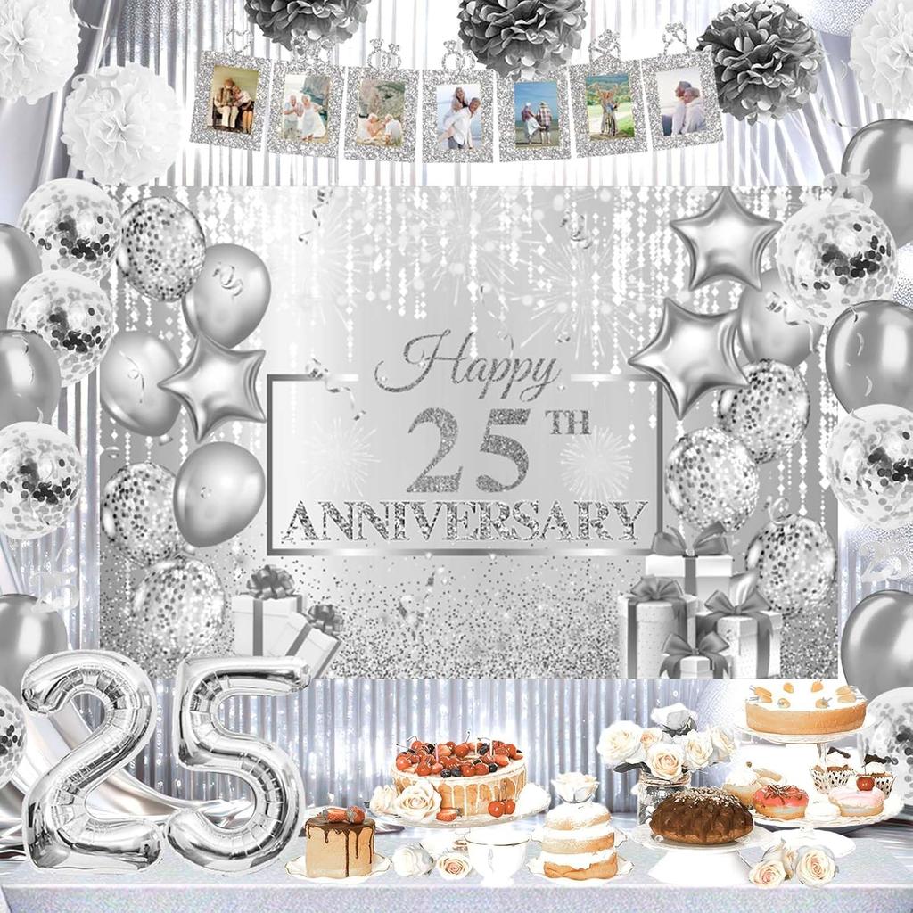25th Anniversary Decorations, Silver 25th Wedding Anniversary Party Decorations, 25 Year Anniversary Decor, Happy 25th Anniversary Backdrop