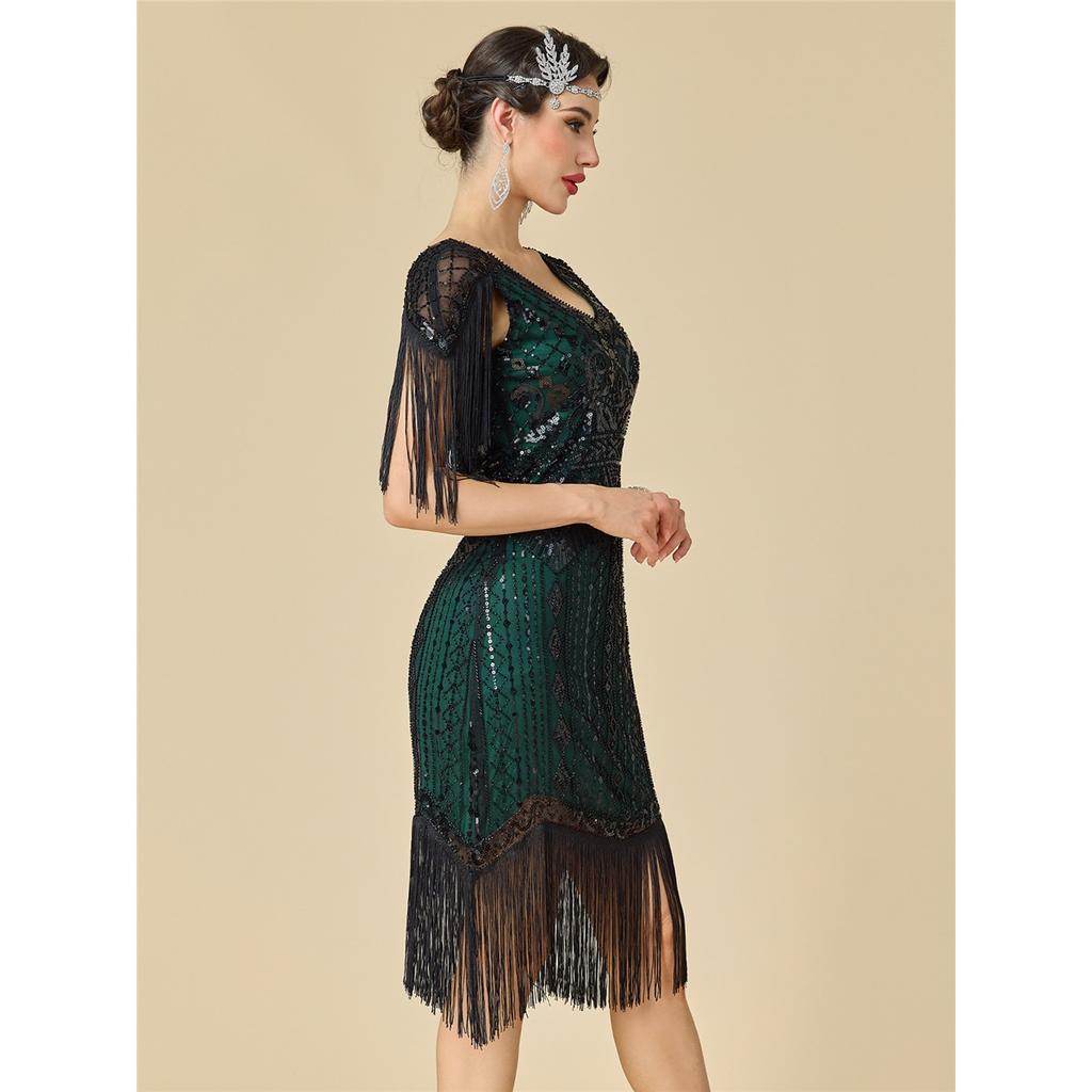 Women's Plus Size 1920s Gatsby Flapper Dress, Sequin Beaded Short Sleeve Fringe Evening Gown For Party & Pr