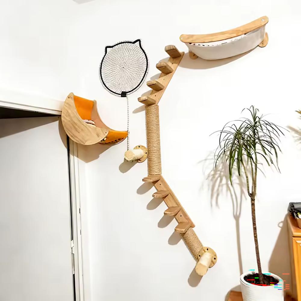 Wall Mounted Cat Tree Sisal Scratching Post Wooden Cat Climbing Shelves  Pedal Hammock Indoor Kitten Playground Cats Accessories