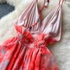 French sexy deep V-neck neck suspender dress women's summer waist temperament ruffle edge pendulum print dress