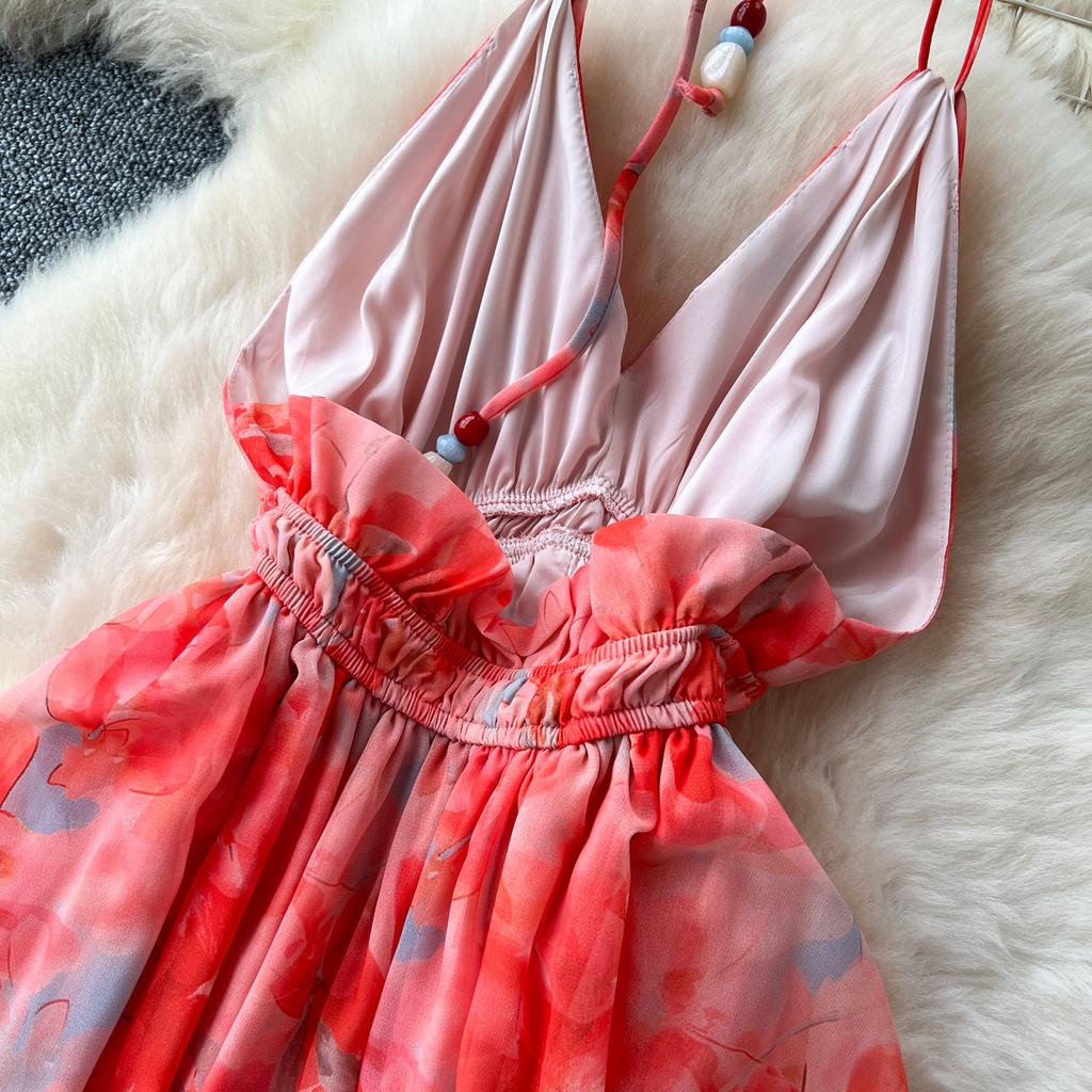 French sexy deep V-neck neck suspender dress women's summer waist temperament ruffle edge pendulum print dress