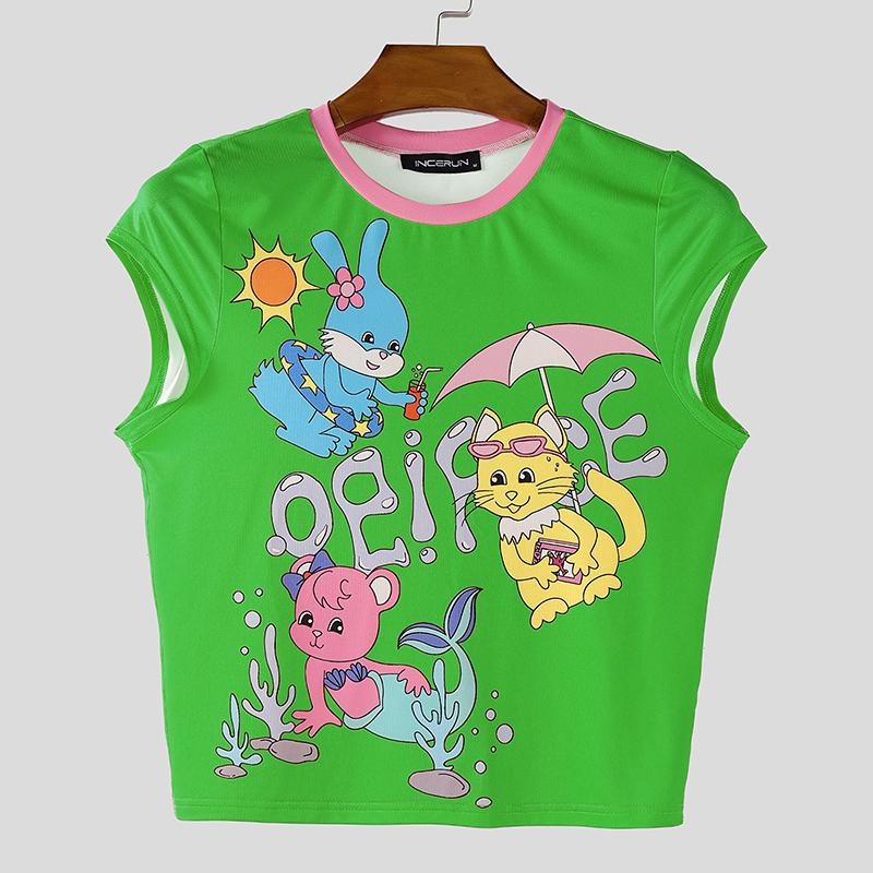 

INCERUN Summer Men O Neck Sleeveless Cartoon Cute Casual Cropped Tank Tops XL зелёный