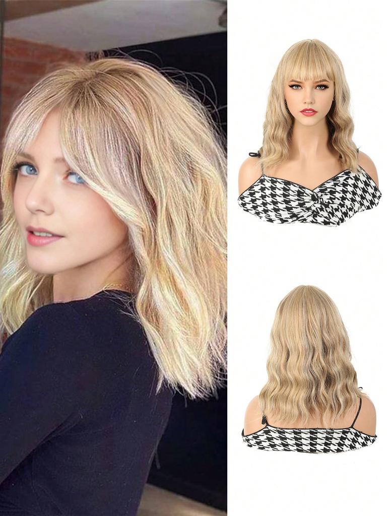 14 Inch Shoulder-length Linen Gold Water Wave Wigs For Women And Girls' Parties Halloween Christmas Music Festival And Daily Use