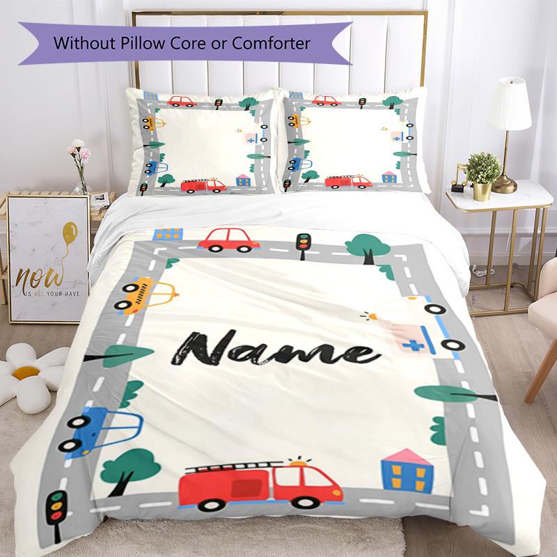 3pcs Custom Name Cute Cars Bedding Set Duvet Cover Closure Includes 1 Duvet Cover & 2 Pillowcases, Soft and Comfortable for All Seasons.