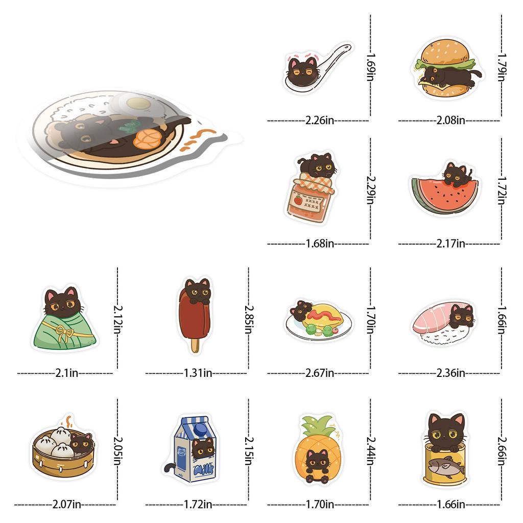 50pcs Cute Food Black Cat Diary Cartoon Graffiti Stickers Phone Guitar Laptop Notebook Suitcase Cup Waterproof Sticker Kids Toys