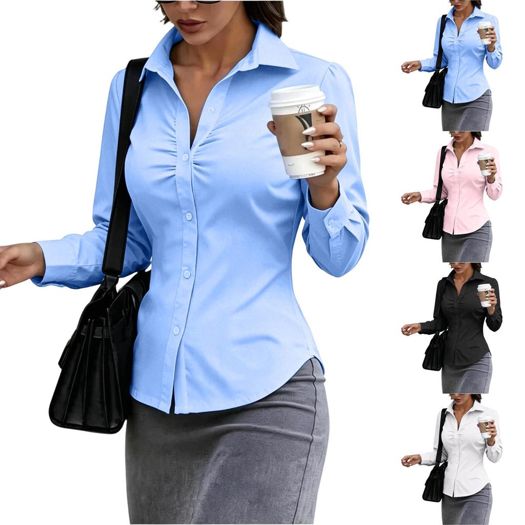 Women's Slim Fit Button Down Shirt Long Sleeve Collared Blouse Stretchy Office Workwear Top with Ruched Front Design
