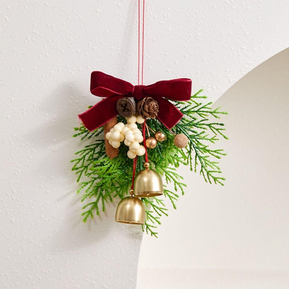 Creative Christmas Bell Pendant Velvet Bow 3D Christmas Hanging Decorations Artificial Pine Crisp Sound Xmas Tree Pendant