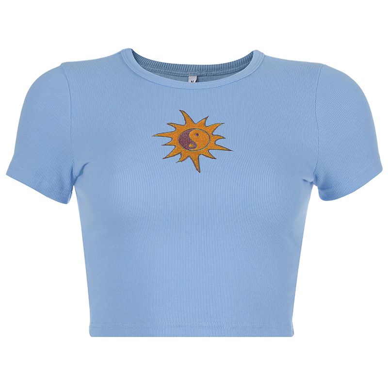 Fashion Crop Top Short Bottoming Shirt Embroider T-shirt Silm Thin Sweatshirt Slim Thin Sweater