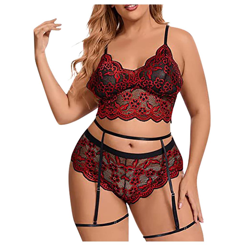 Plus Size Lace Embroidered Lingerie Set Three Piece Two Piece Split Design Adjustable Straps Garters Soft Fabric Comfortable Fit
