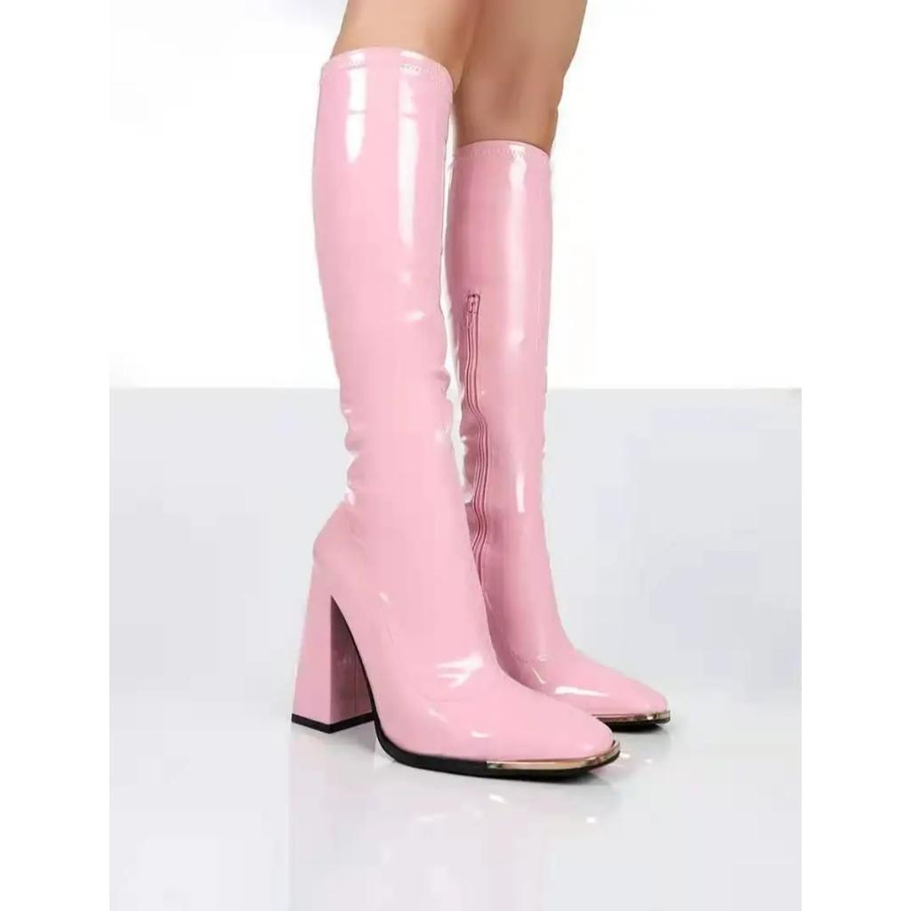 Dámské kozačky se čtvercovým podpatkem Vysoké ke kolenům Klasické kozačky se čtvercovou špičkou PU Kožené kozačky na zip Společenské šaty Taneční boty Botas De Mujer