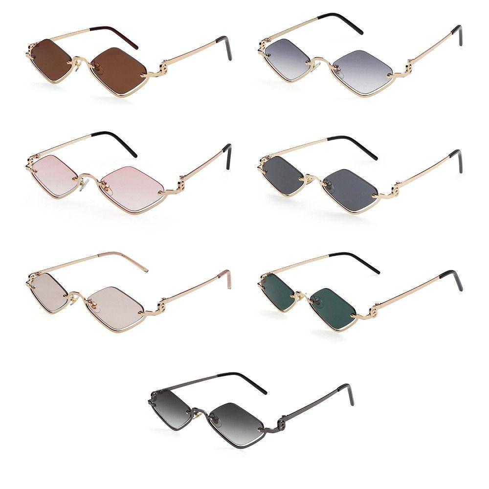 Diamantförmige Damen-Sonnenbrille Kleine Metall-Halbrahmen-Sonnenbrille Schmale Hip-Hop-Vintage-Sonnenbrillen für Damen & Herren