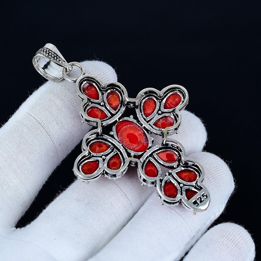 Pandantiv Cruce Coral Roșu, Bijuterii Handmade din Argint Sterling 925, Pandantiv din Argint cu Coral Roșu, Bijuterii de Petrecere pentru Femei, Cadou de Anul Nou