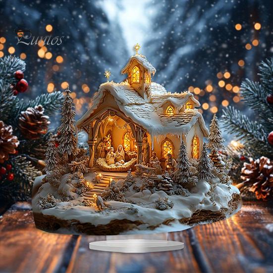 Winter Snow House Acrylic Decoration 2D Flat Nativity Scene Table Sign Christmas Home Office Living Room Bedroom Bookshelf Desktop Ornament