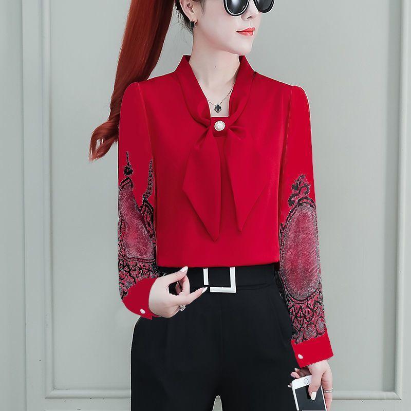 Women's Shirt Top Bow Loose Base Shirt Chiffon Shirt