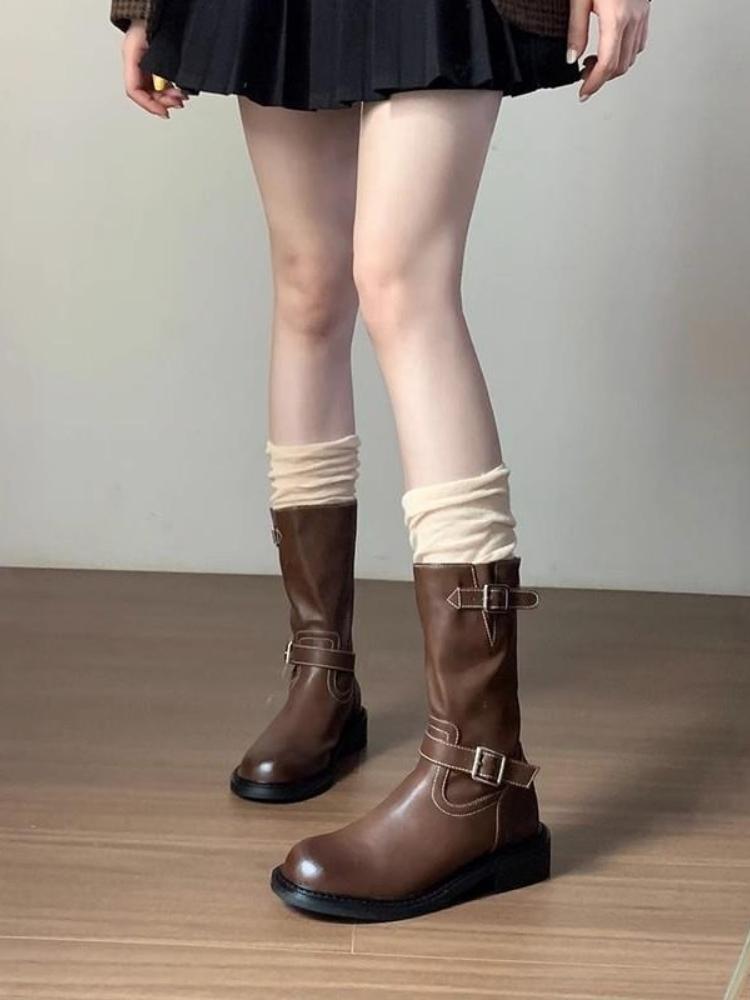 Brown Middle Heel Round Toe Leather Ladies Mid Calf Shoes Spring Autumn New in Designer Luxury Pu 39 Women's Half High Boots