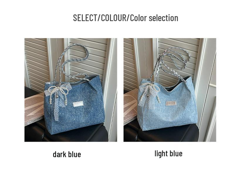 Pearl Bow Diamond Denim Tote: Stylish Summer Shoulder Bag with Large Capacity