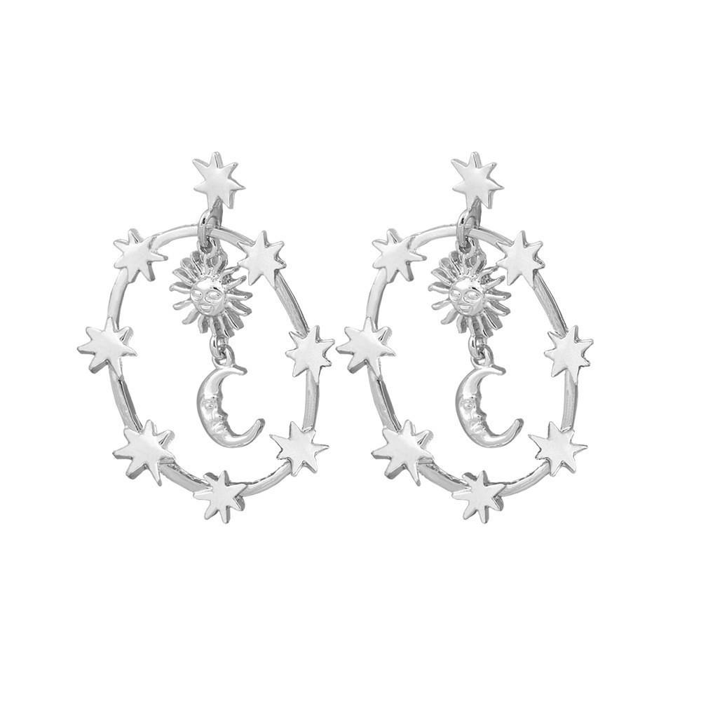Trendy Silver Hollow Geometric Earrings Fashionable Moon And Sun Jewelry
