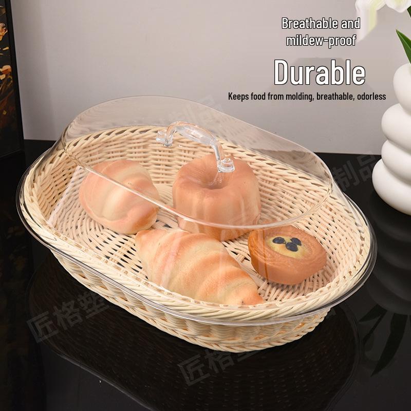 Oval Acrylic-Lidded Rattan Basket for Bread, Vegetables, and Dried Fruit