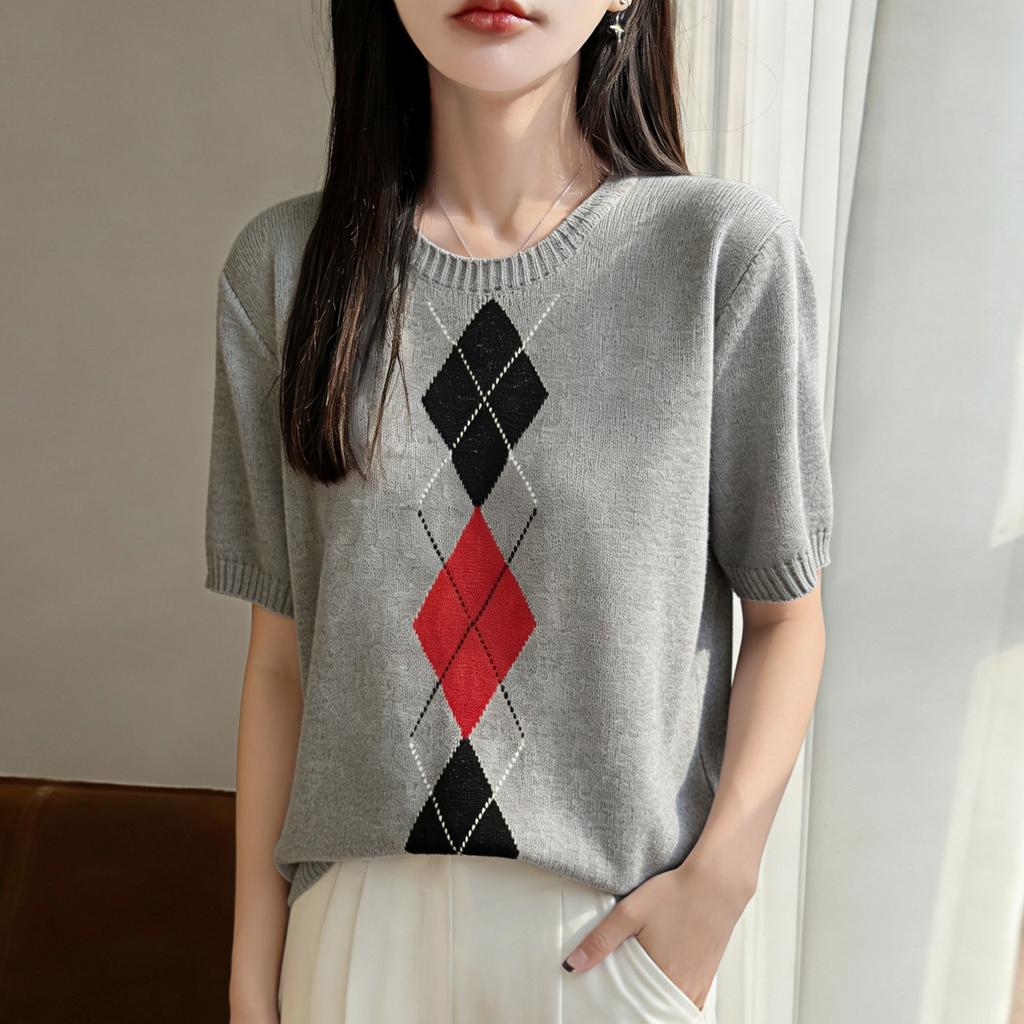 Contrasting Color Herringbone Short-sleeved Knit Top for Women - Summer Round-neck T-shirt with A School-style Design