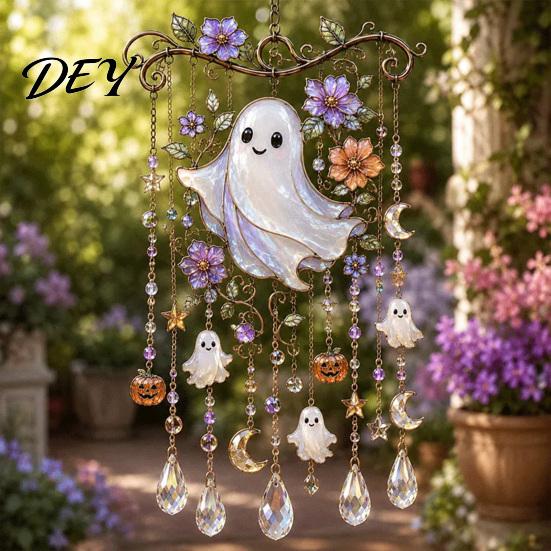 Metal Sound Pipes for Patio Halloween Acrylic Wind Chime Pendant, Crystal Suncatcher Hanging Ornaments, Decorative Handcrafted Spooky Home Accents
