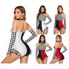 Damen Clown Cosplay Kostüm Neckholder Rückenfrei Rüschen Farbblock-Besatz Bodysuit