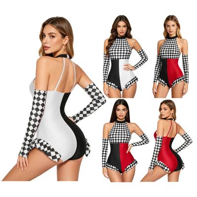 Strass-Schachbrett-Handschuhe und Rüschenbesetztes Leotard mit Neckholder und Rückenausschnitt Color-Block für Damen Clown Halloween Cosplay