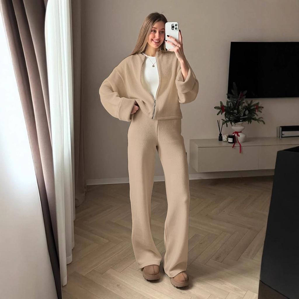 Knitted Long-sleeved Wide-leg Trousers Set, European, American Autumn and Winter New Zipper Jacket Trousers Casual Suit