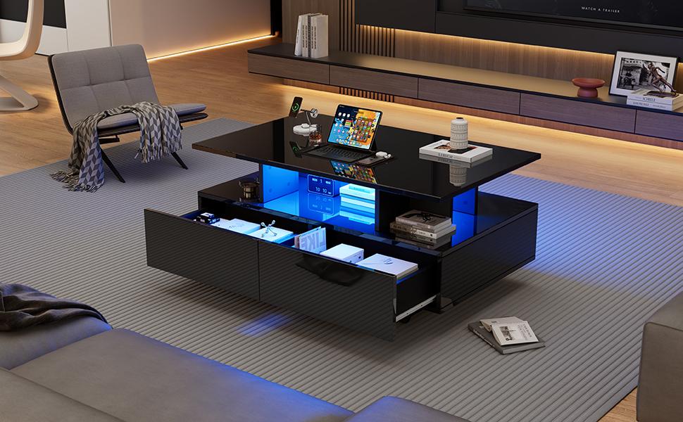 Moderner Hochglanz-Couchtisch mit LED-Beleuchtung und 2 Schubladen – Stilvoller 90x55x41 cm Beistelltisch mit Stauraum, Belastbarkeit bis 30 kg