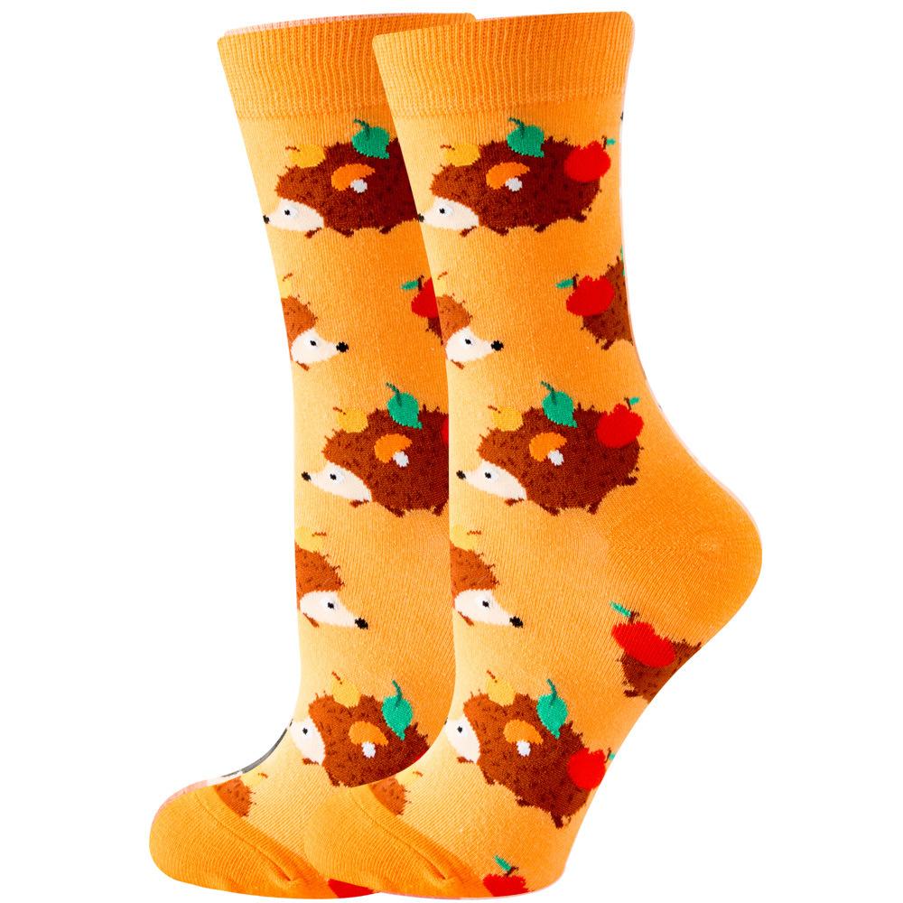 1 Pair Women Cartoon Cute Hedgehog Chick Cow Print Socks, Comfy & Breathable Casual Crew Socks, Women's Stockings & Hosiery