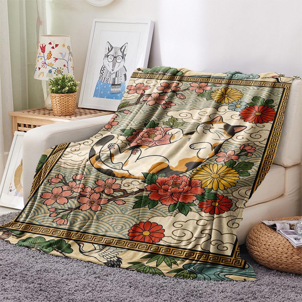 Cat Flower Print Flannel Blanket, High quality Comfortable for All Seasons, Home Decor, Warmth and Comfort, Perfect for Christmas Gifts43