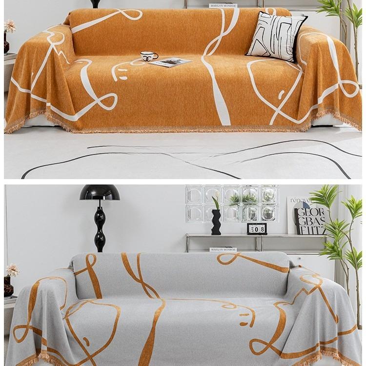 Simple Black Line Geometric Chenille Sofa Blanket Cover Dust-Proof Cloth for All Seasons Double-Sided Home Decor