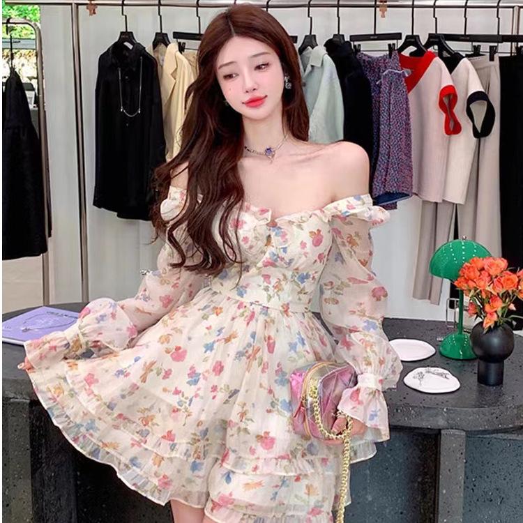 Original practice + chest pad + lining, super fairy temperament sweet girl dating dress, heavy industry high waist and thin floral skirt