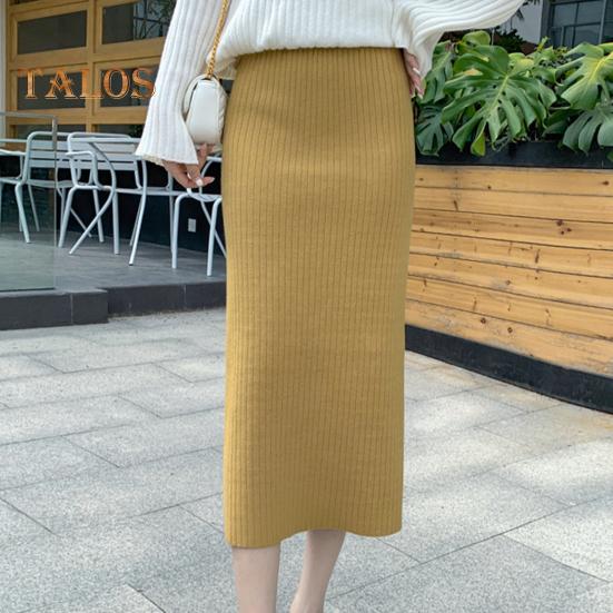 Women Knitting Skirt High Waist Back Slit Design Solid Color Midi Skirt Soft Breathable Thickened Warm Hip Wrapped Skirt