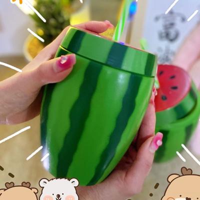 Food Grade Plastic Cartoon Fruit Strawberry Pineapple Watermelon Water Bottle Summer Straw Cup Drinkware