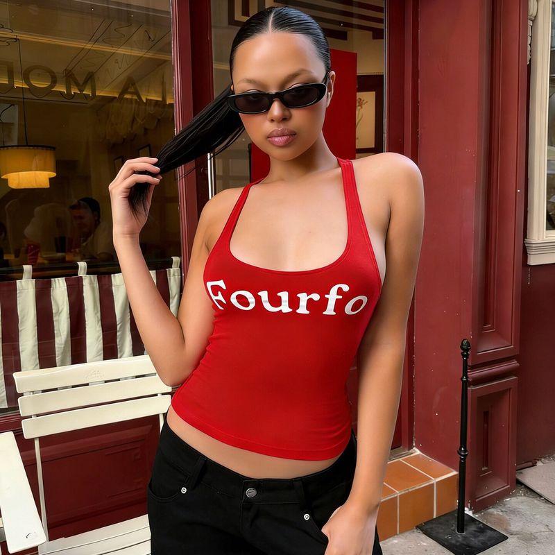 American Street Style Retro Letter Print Low-Cut Racerback Tank Top, Fashionable and Versatile Short Top for Hot Girls
