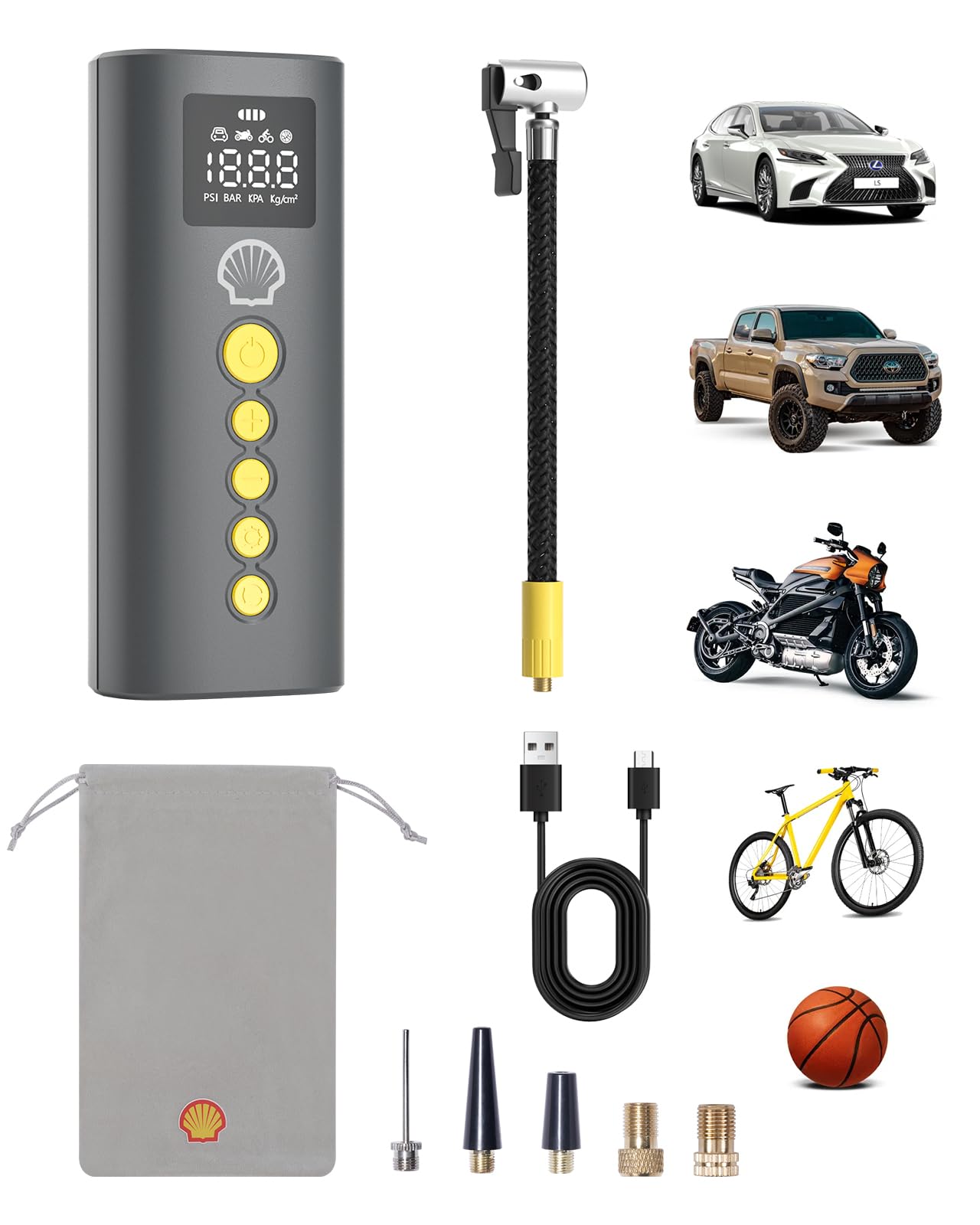 

Shell AC014 Electric Air Large 150PSI Maximum for and with Low Compatible with and American Includes SOS and LED Portable Air Pump Pump, 6000mAh,
