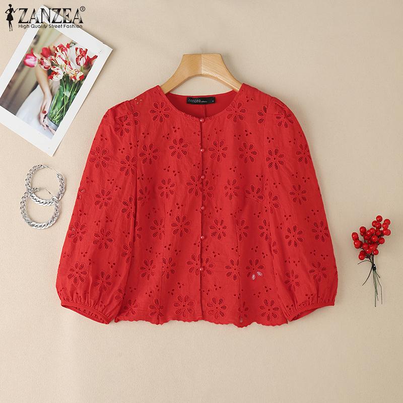 ZANZEA Women Casual O-neck 3/4 Sleeve Embroidery Lace Blouse