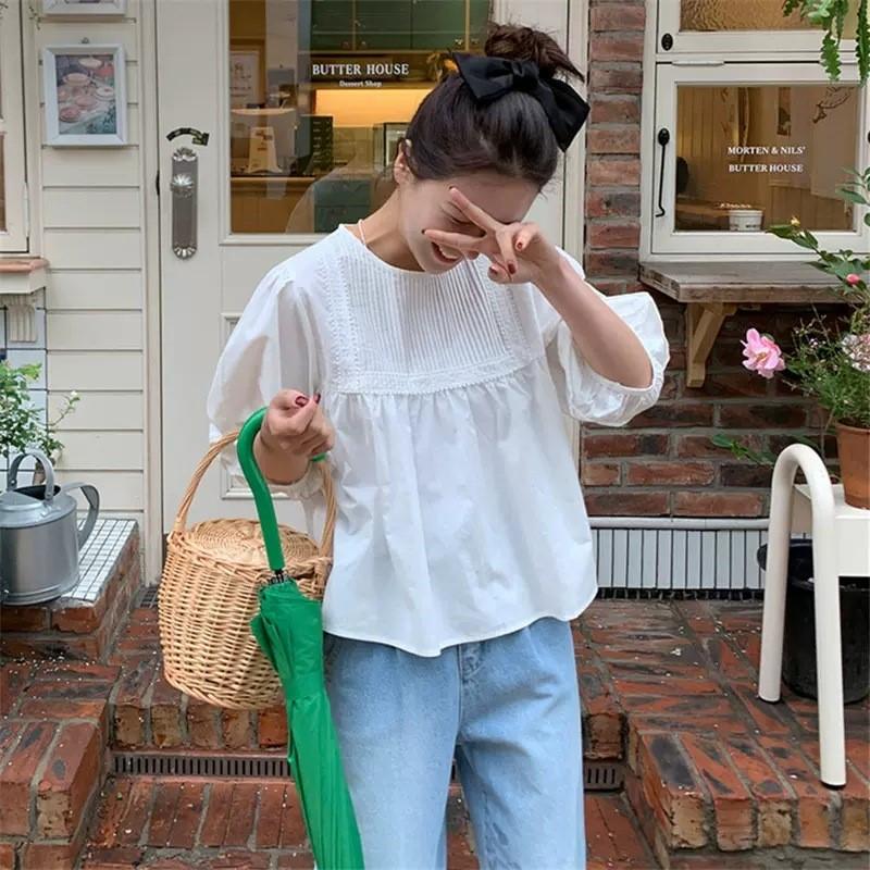 Johnature French Puff Sleeve Top Women Summer Loose White Shirt Korean Casual Lace Lace Doll Shirts