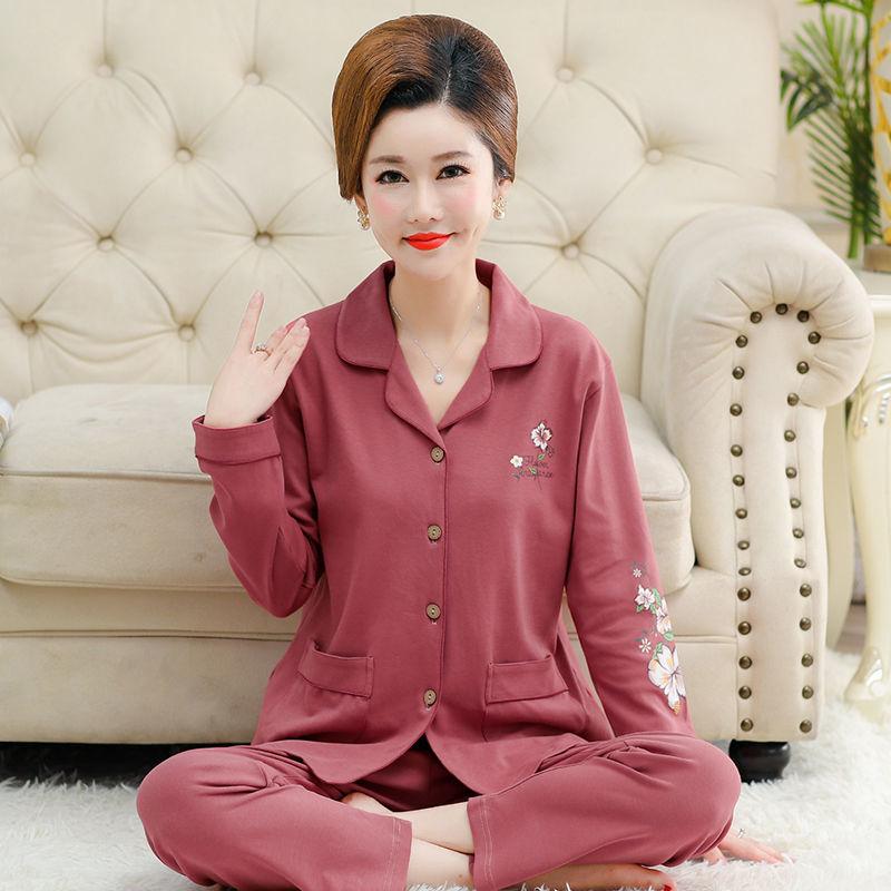 Middle-aged women's 100% pure cotton pajamas women's summer long-sleeved pajamas middle-aged and elderly mother loungewear thin suit
