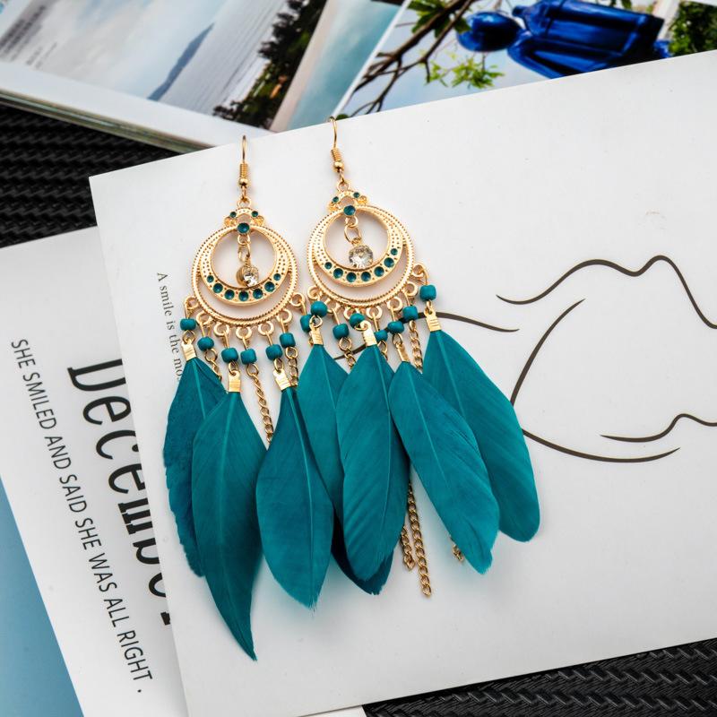 

Fashion Bohemian Long Feather Drop Dangle Earrings For Women Geometric Metal Enamel Beaded Handmade Zircon Earrings Pendientes павлин голубой