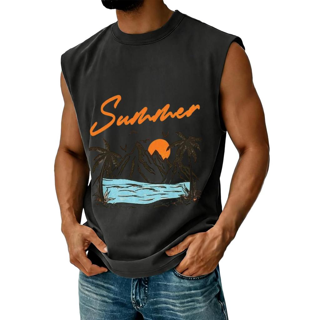 Men's Sleeveless Casual Athletic Vest Summer Graphic Print Muscle Tank Top Outdoor Gym Workout Shirt Beachwear