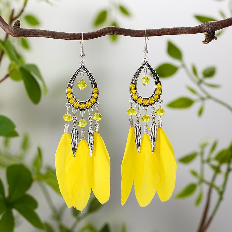 

Богемные женские серьги ручной работы для женщин, красочные длинные серьги-подвески с перьями, кристаллами и кисточками, женские богемные украшения в подарок