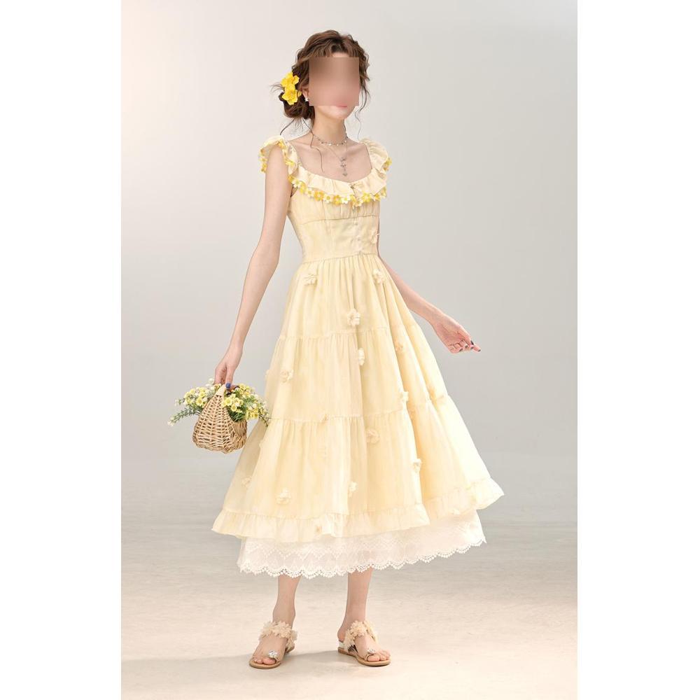 

Летний приморский отпуск длинное платье повседневная печать маленькие рукава-крылышки платье на бретелях женская милая и стройнящая юбка XL- (recommended 110-60kg) светло-желтого