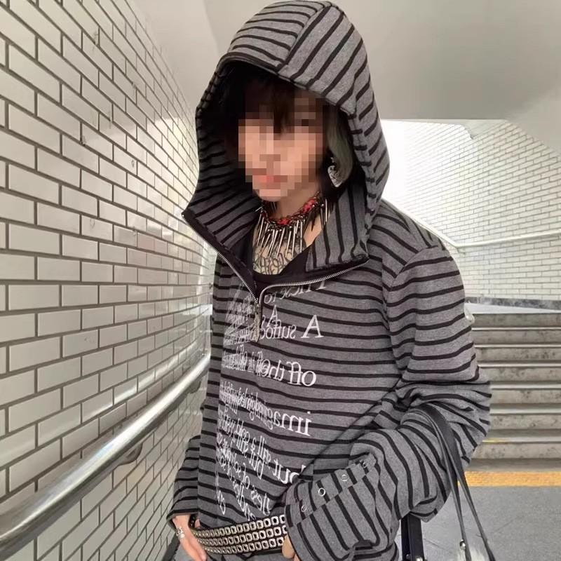 Gothic Dark Striped Zip Hoodie Slim Fit Short Y2K Couple Streetwear Top