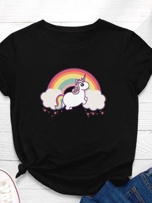 Regenbogen Einhorn Druck Frauen T Shirt Kurzarm O Neck Lose Frauen T-shirt Damen T-shirt Tops Kleidung Camisetas Mujer