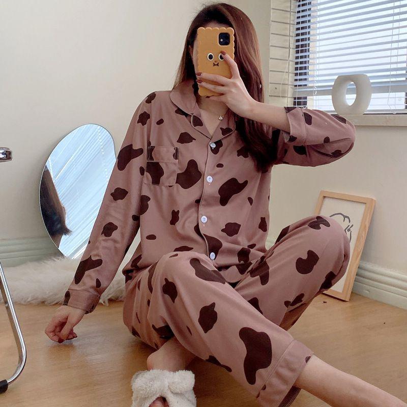 

Новая пижама Корейская женская пижама-кардиган с длинным рукавом Хлопковый комплект из двух предметов BrownCow,M