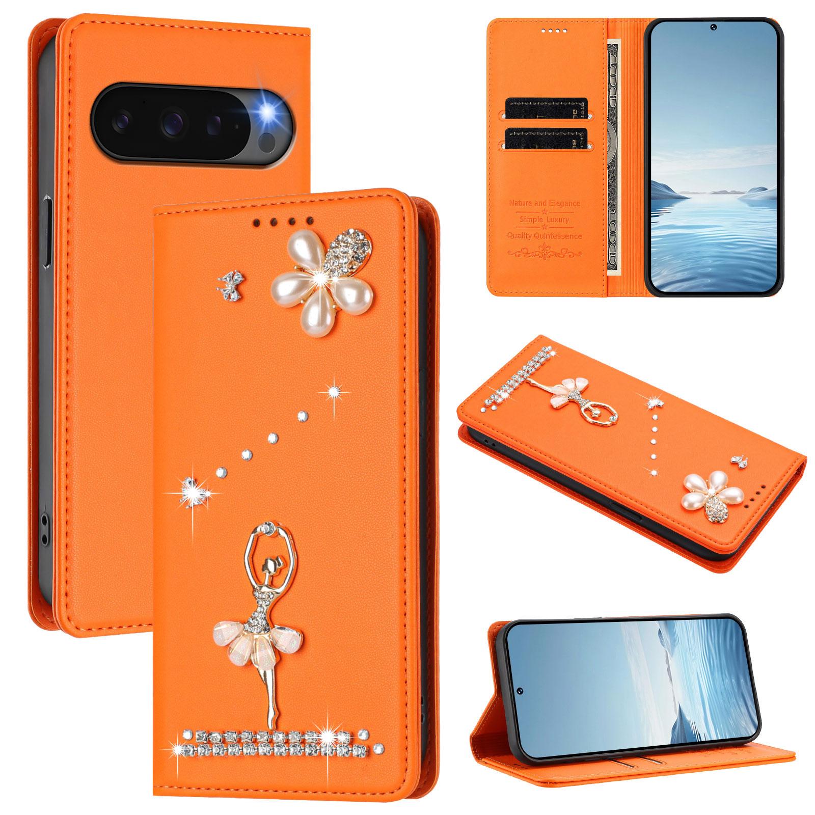 Алмазный Милый Кошелек с Отделением для Карт Кожаный Чехол для Телефона Для Google Pixel 10 Pro XL 9A 9 8 8A 7A 7 Сумка-Книжка Карман Подставка Блестящая Обложка Google Pixel 9 оранжевый