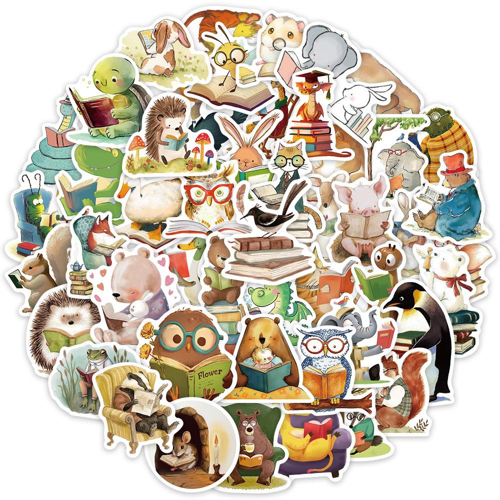 50PCS Waterproof Cartoon Animal Reading Stickers for Kids - Graffiti Decals for Laptops Motorcycles Stationery Toy Decoration